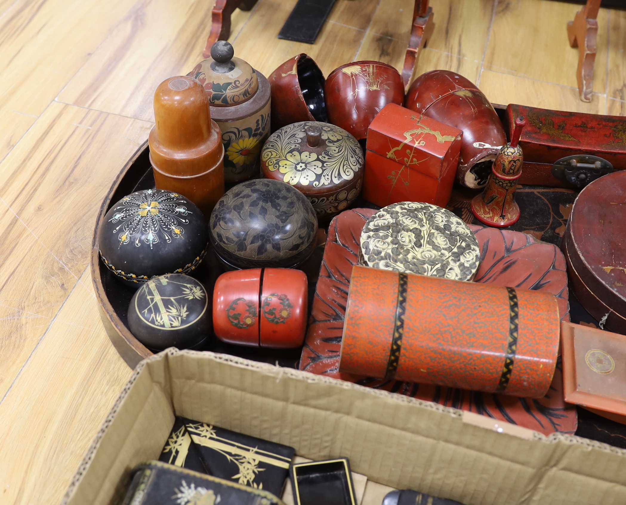 Two chinoiserie lacquer cake stands, a large lacquer tray, a quantity of boxes, blotters, an ink stand, tins etc